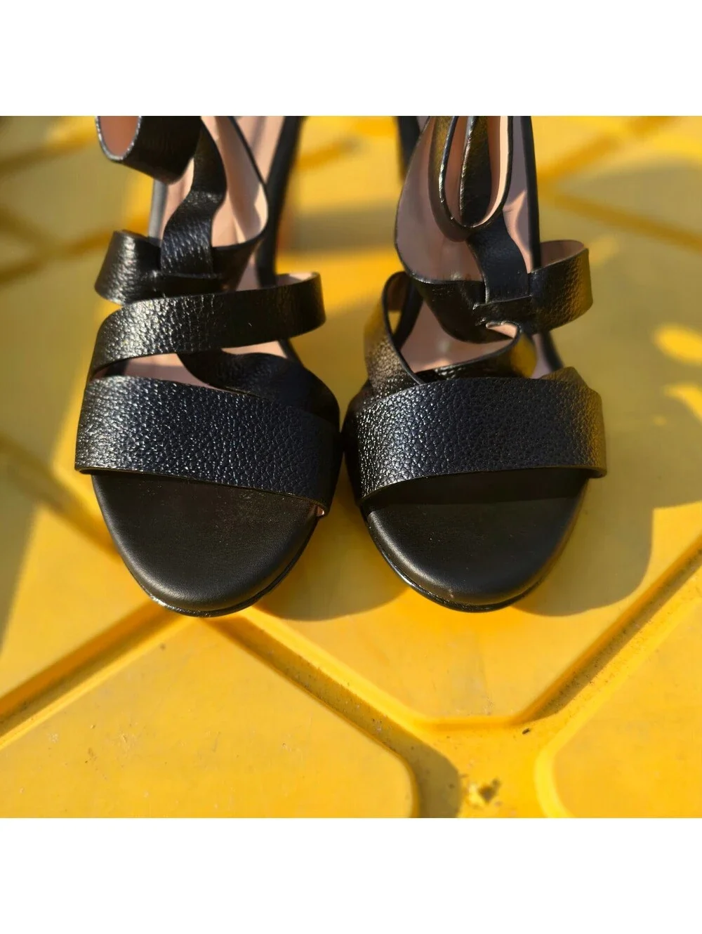 Black Leather Strappy High Heel Sandals with Wooden Block Heels, Size 7